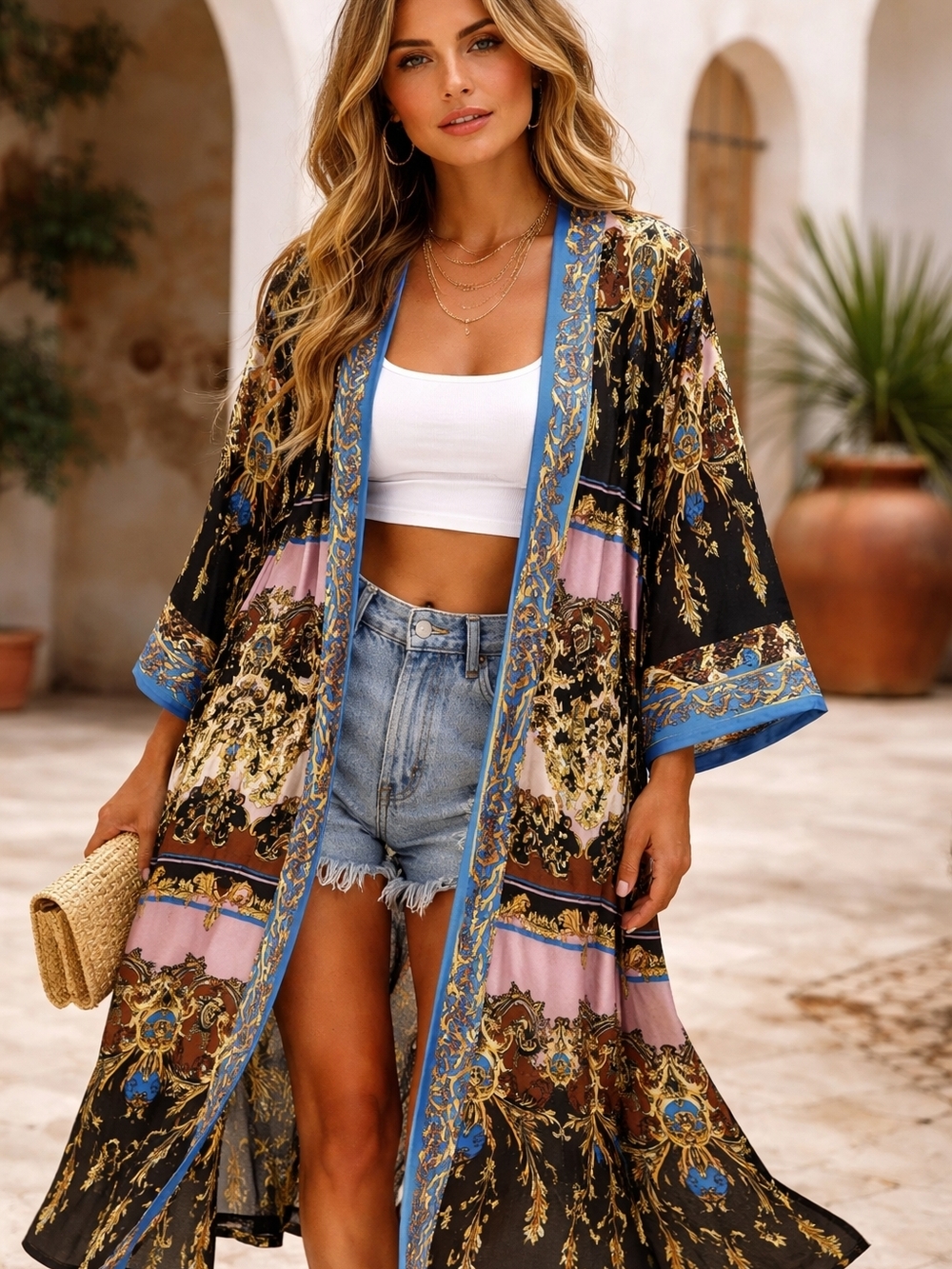 Free People Let’s Dance Kimono Duster L Boho Baroque Print Open Front - Picture 2 of 11